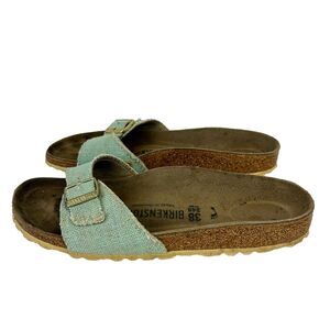 Birkenstock Madrid Comfort Slides Sandals Top Buckle Tan Blue Denim Texture 38